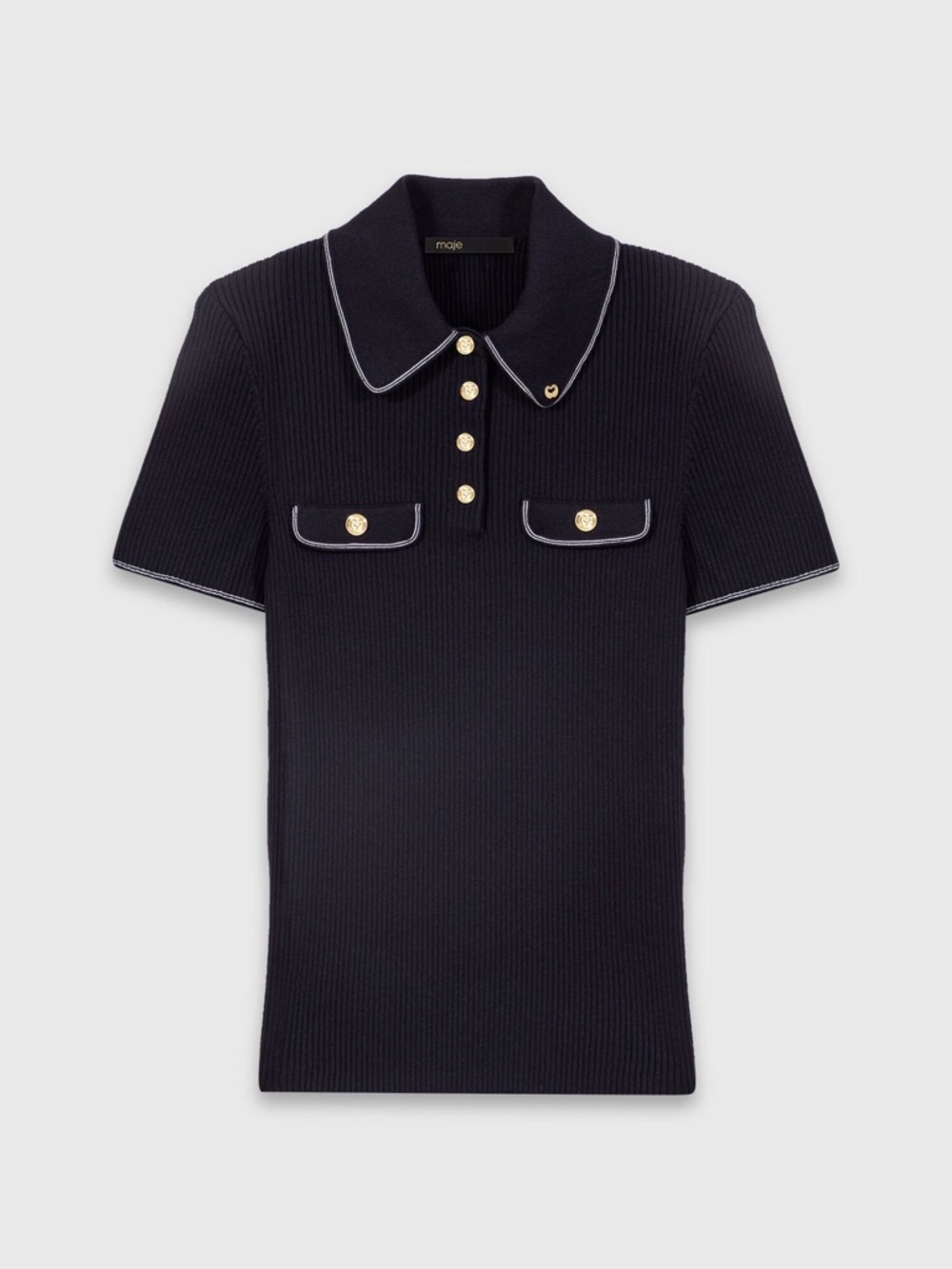 Maje Navy Ribbed Knit Polo Top Gold Buttons Contrast Trim Paris Chic NWT